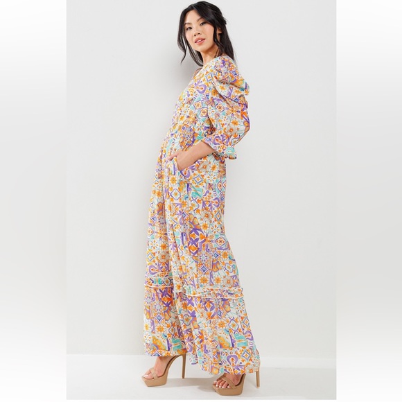 73 Boho Back Tie Detailed V-Neck Tiered Maxi Dress - Picture 5 of 7